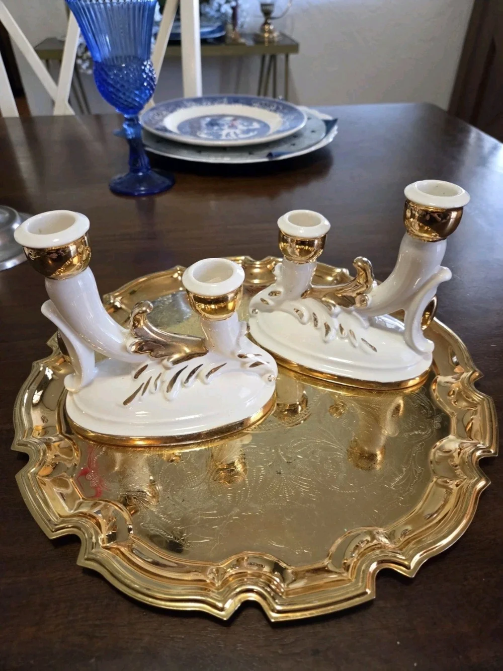 White and Gold Ceramic Double Candle Holders - Pair Vintage Victorian